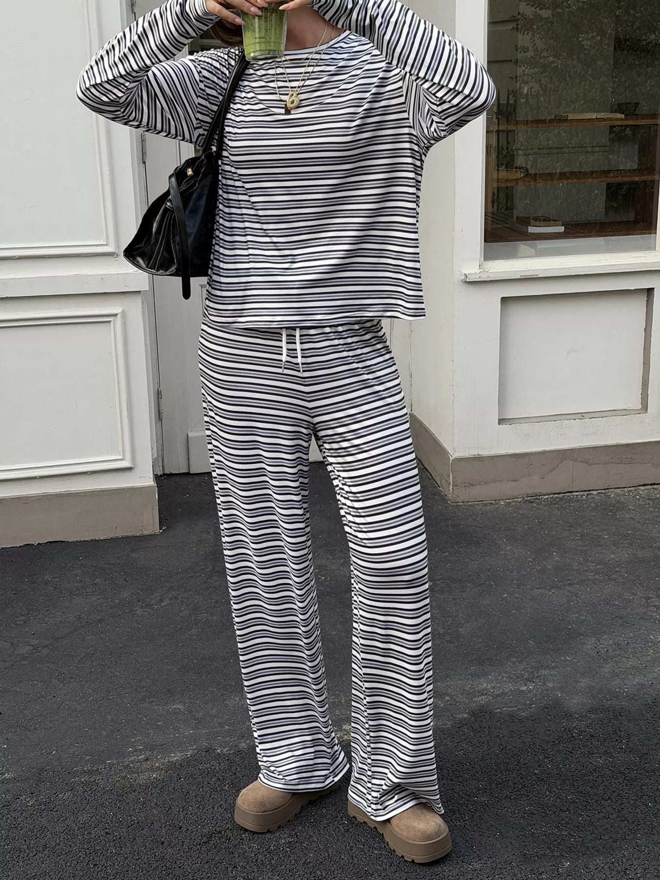 Trendsi Striped Casual Long Sleeve Top and Wide Leg Pants Set -