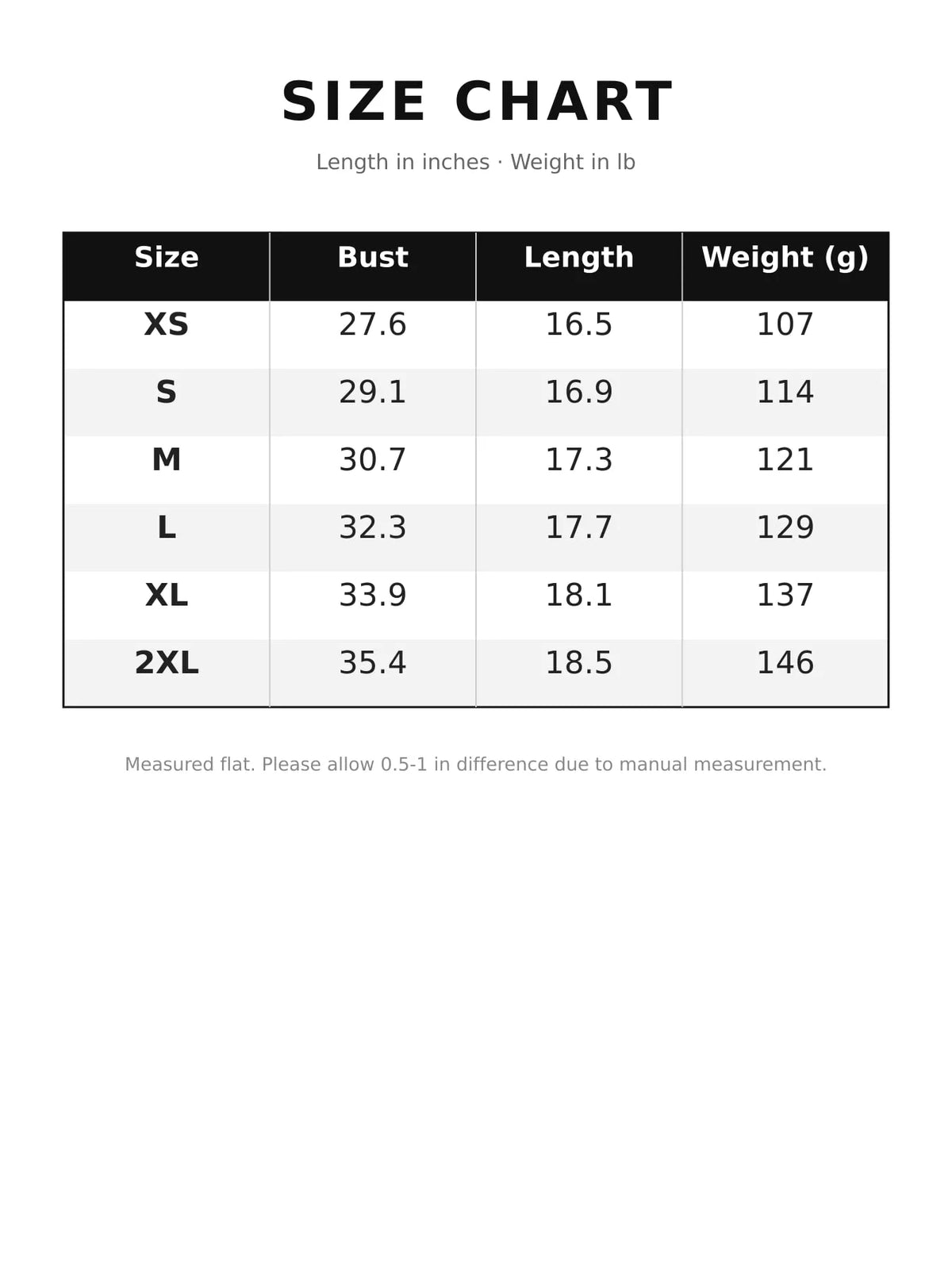 Size chart for the square-neck tank