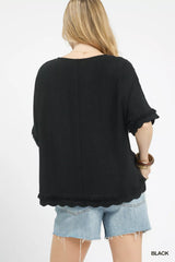 Trendsi Umgee Linen Frayed Hem Scallop Edge Top -