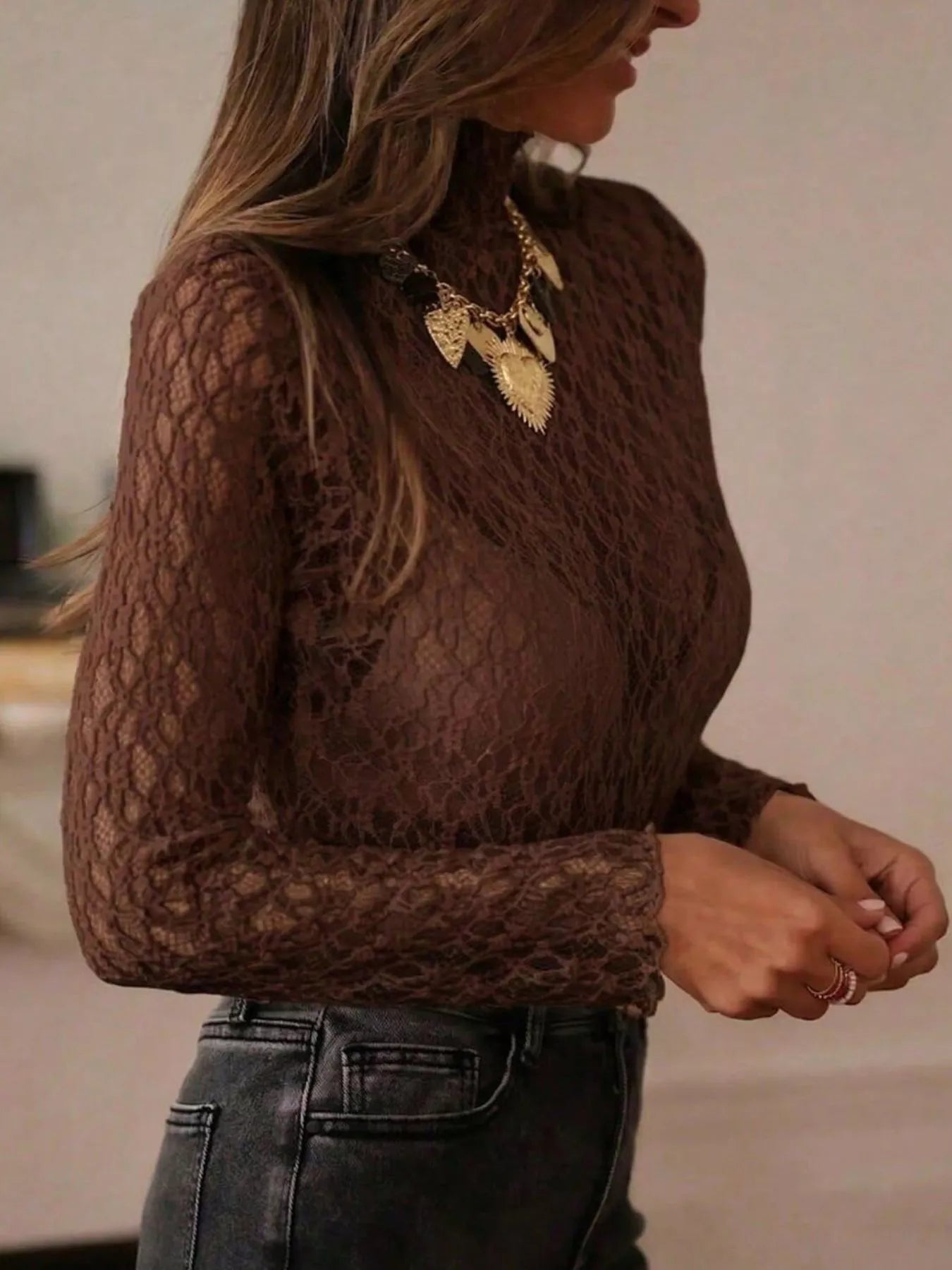 Trendsi Mock Neck Sheer Lace Long Sleeve Top -