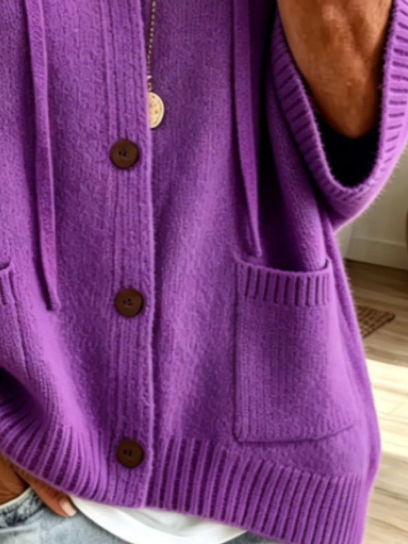 Trendsi Full Size Casual Hooded Button-Down Knit Cardigan with Pockets Plus Size -
