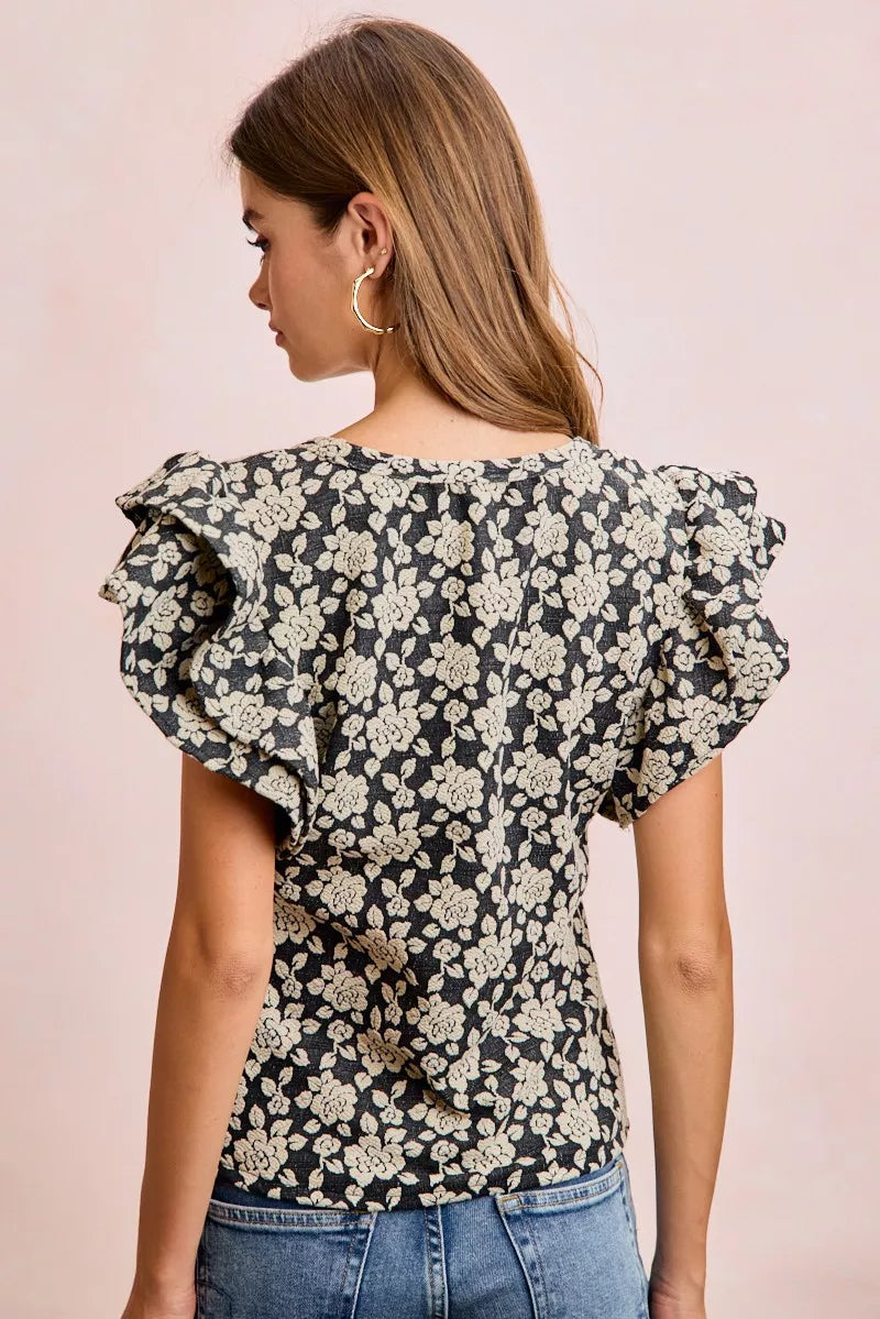 Women's floral jacquard knit top with ruffle sleeves - product view 3