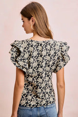 Trendsi BiBi Floral Jacquard Ruffle Sleeves Knit Top -