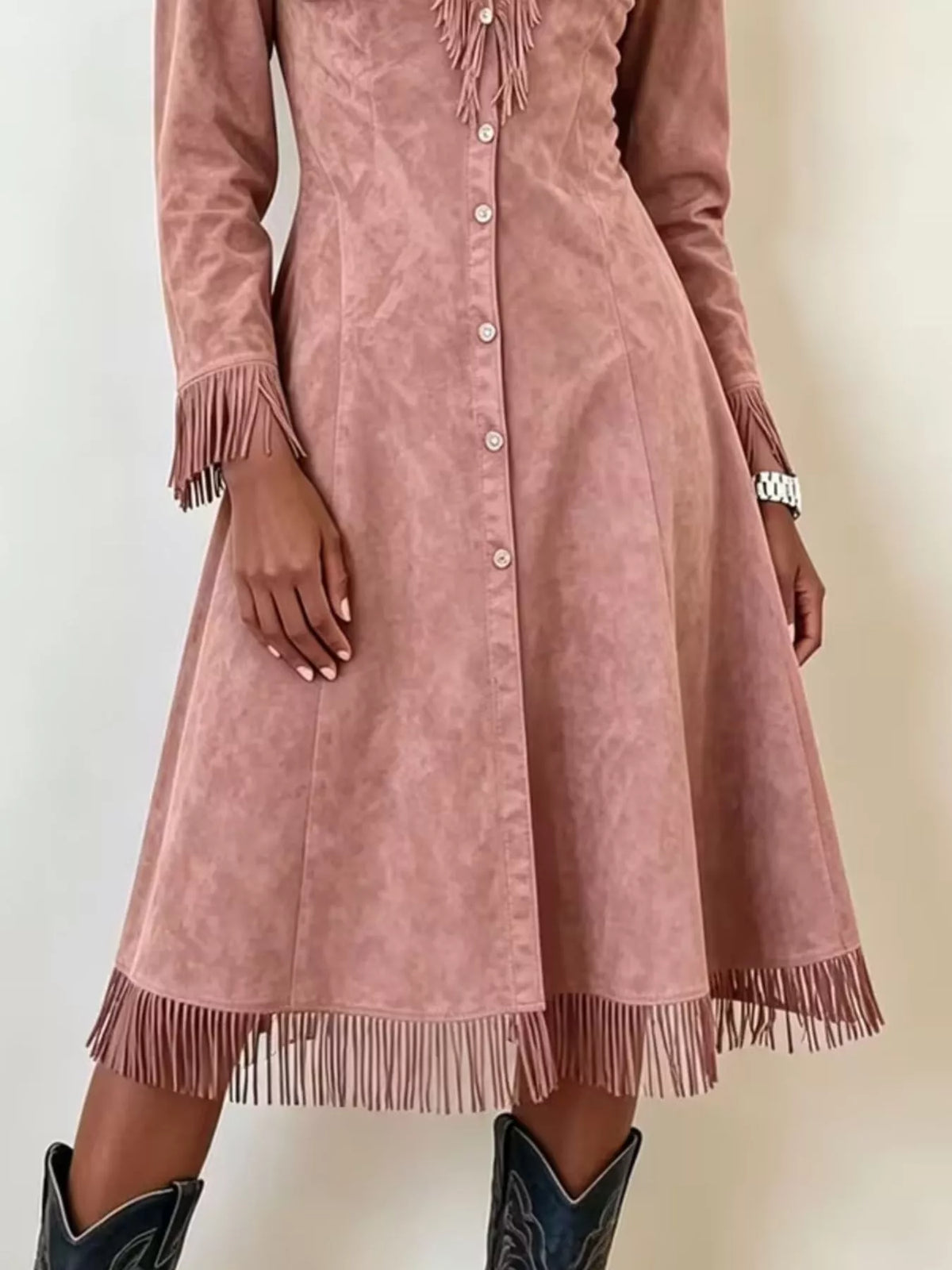 Long Fringe Button-Front Jacket in pink, front view