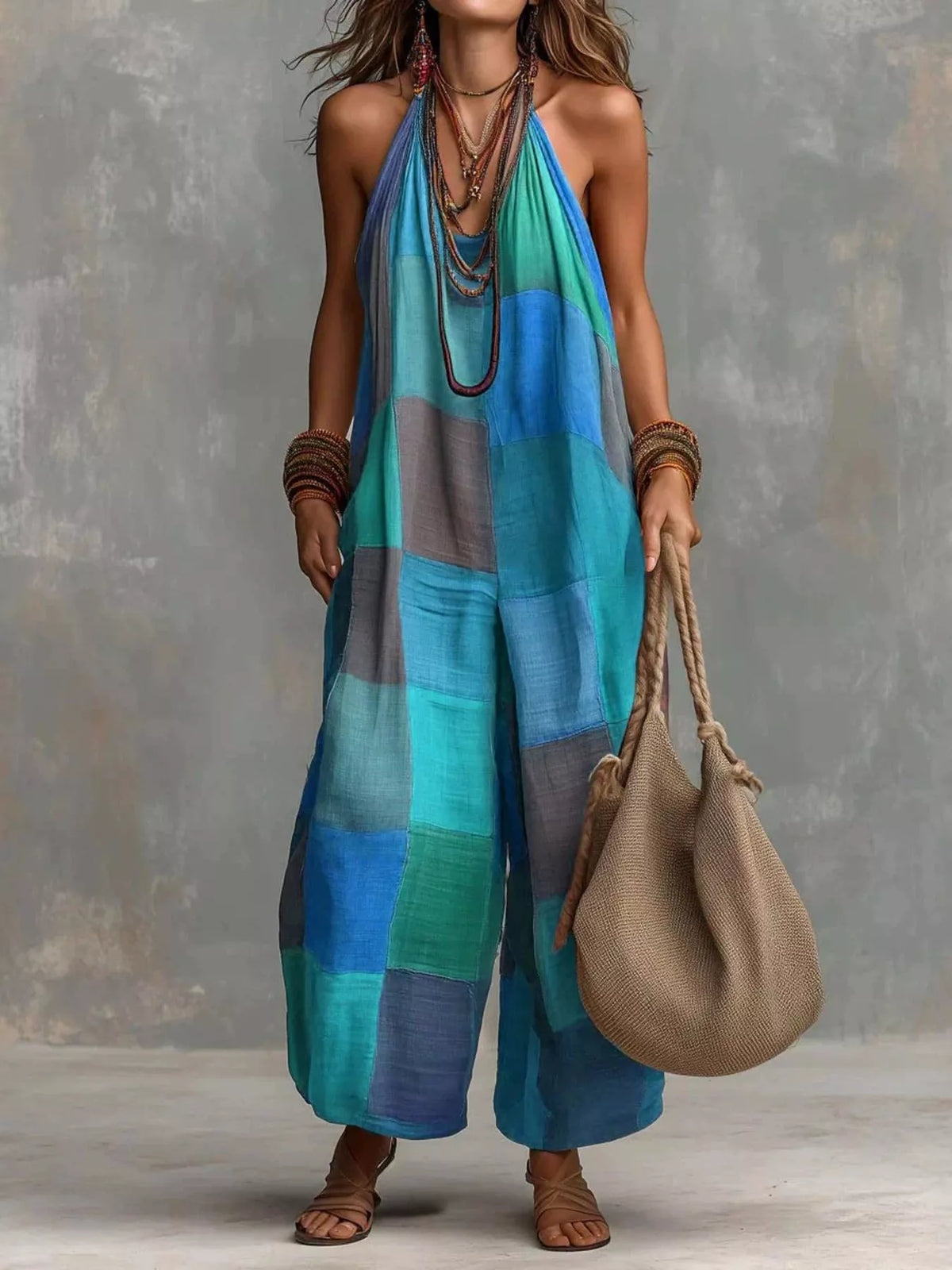 Sky Blue Plaid Halter Neck Wide-Leg Jumpsuit front view