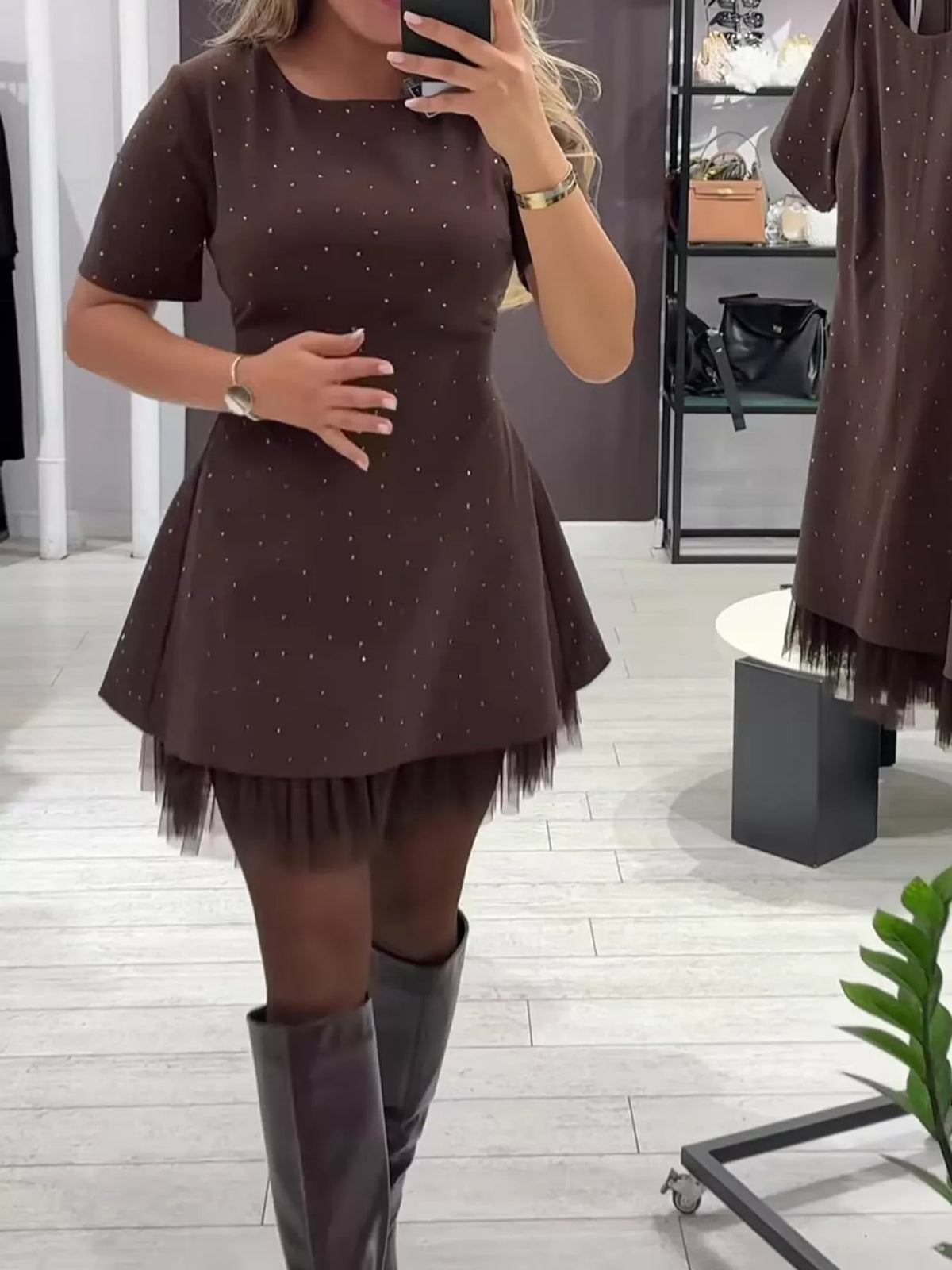 Brown rhinestone a line mini dress with tulle hem, front view