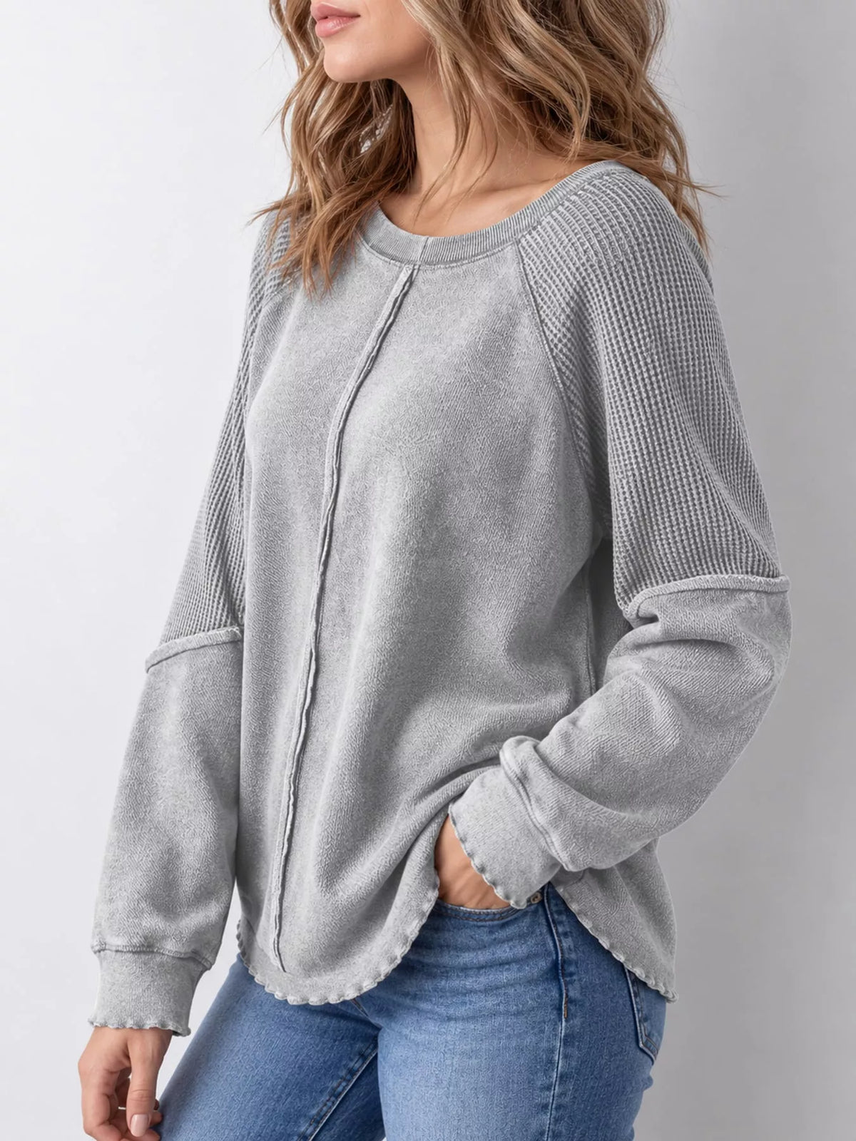 Waffle-knit sweatshirt, gray side