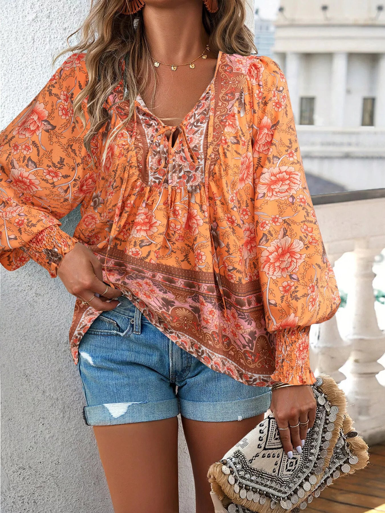 Trendsi Floral Print Tie-Neck Blouse with Smocked Cuffs -