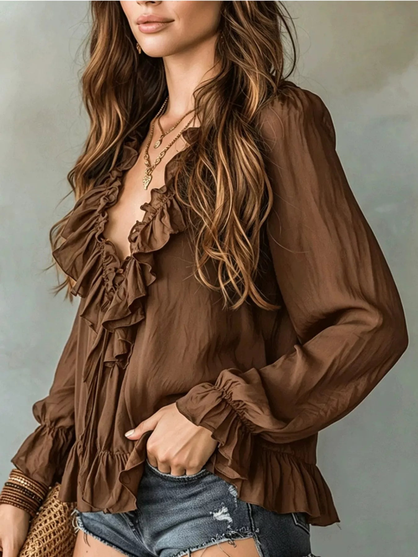 Trendsi Ruffle V-Neck Long Sleeve Blouse -