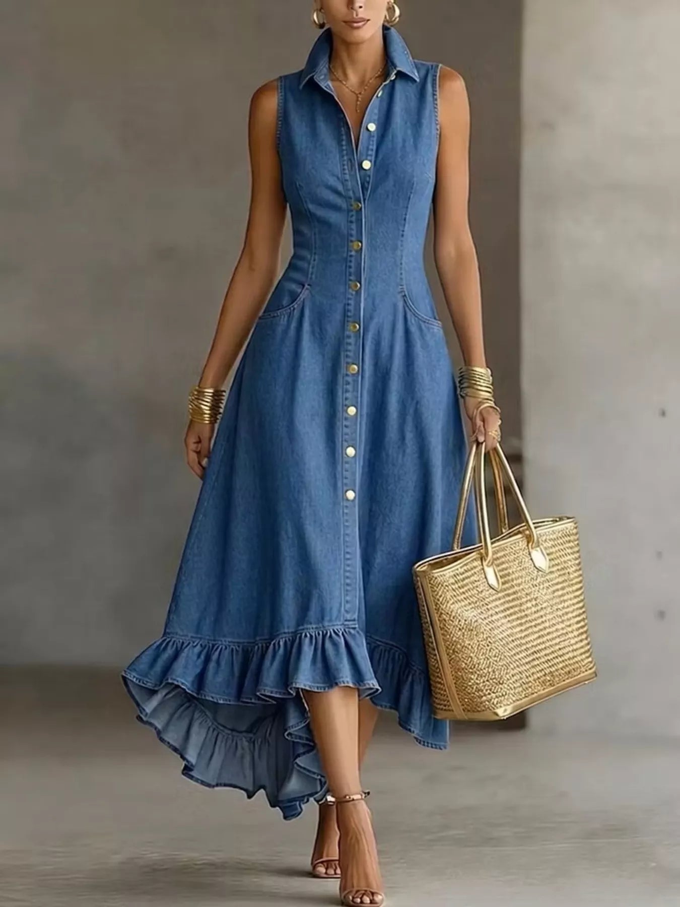 Trendsi Full Size Sleeveless Ruffled Hem Denim Dress Plus Size - Dresses
