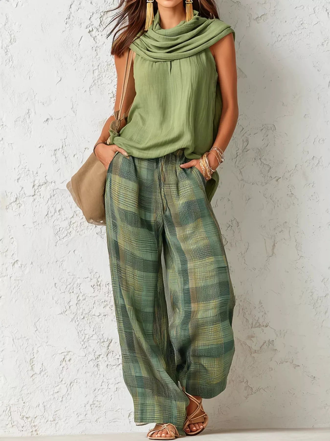Sleeveless cowl-neck top and plaid wide-leg pants set