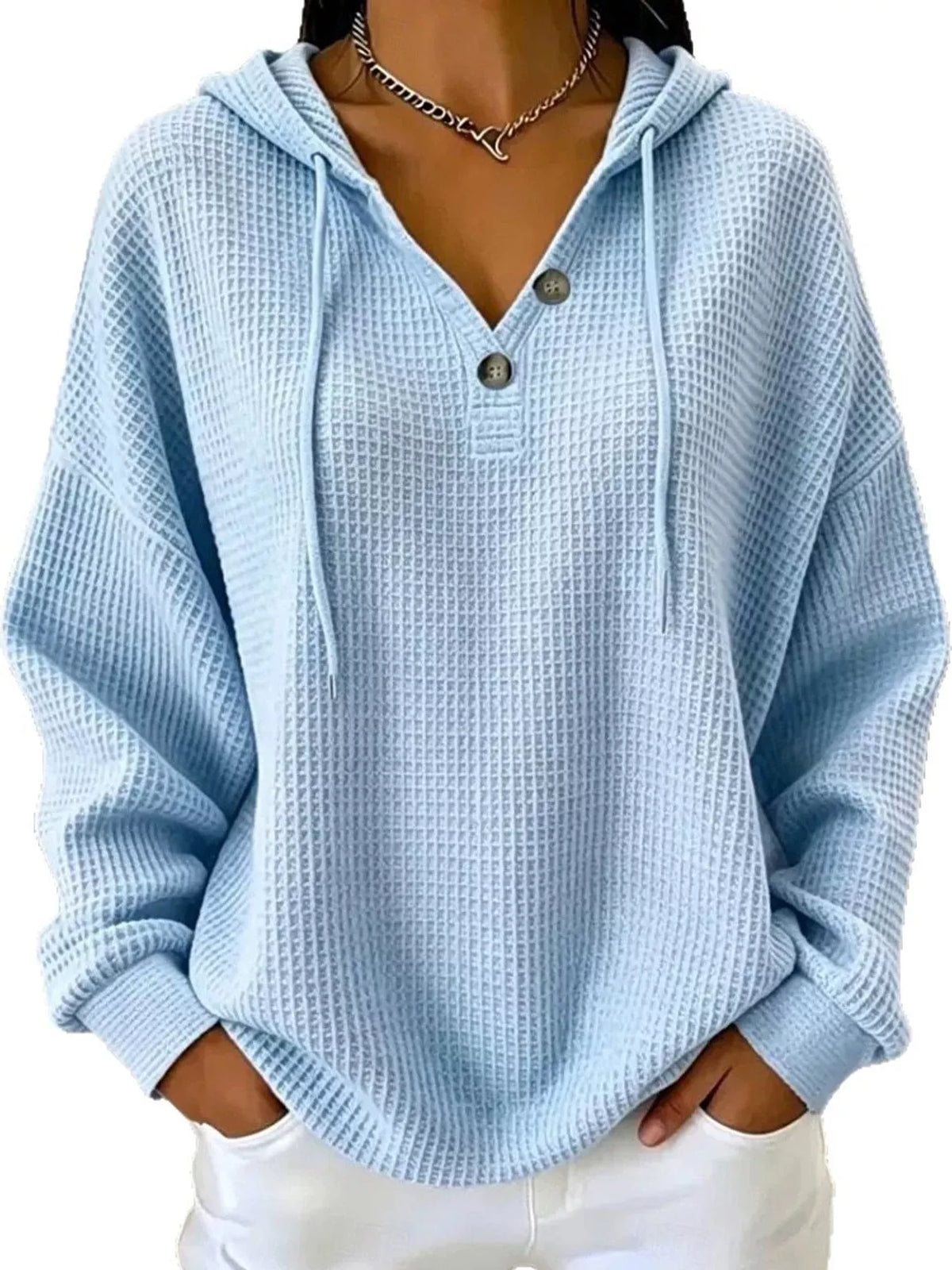 Waffle-knit hoodie, light blue front