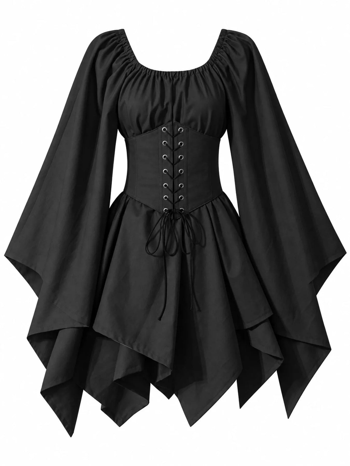 Lace-up asymmetric dress, black front