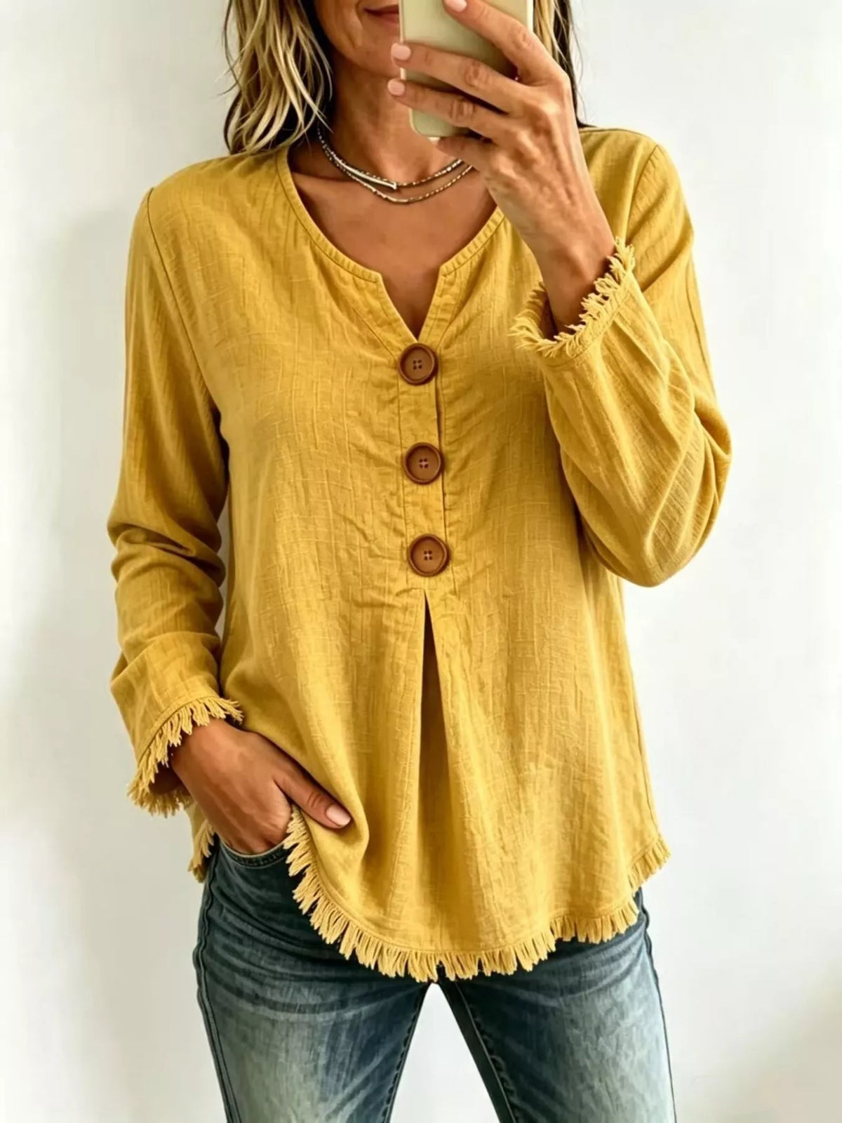 Yellow Frayed-Hem Long Sleeve Button-Front Blouse front view