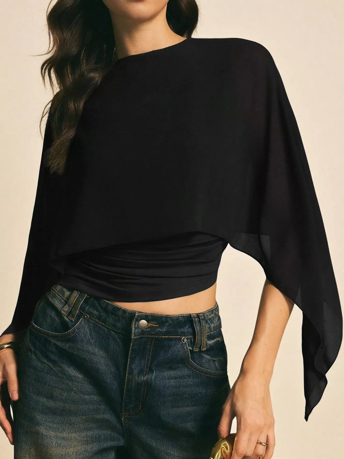 Black cape sleeve round neck blouse