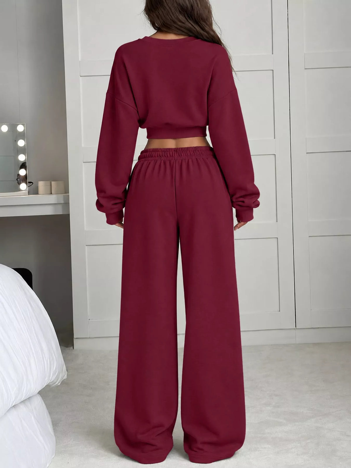 Wide-leg top and pants set, back view