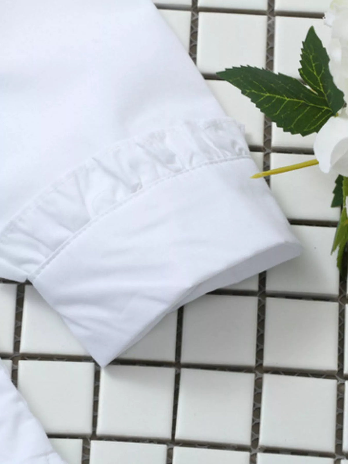 Ruffle-Neck Longline Blouse with Elastic Waist, detail view in white