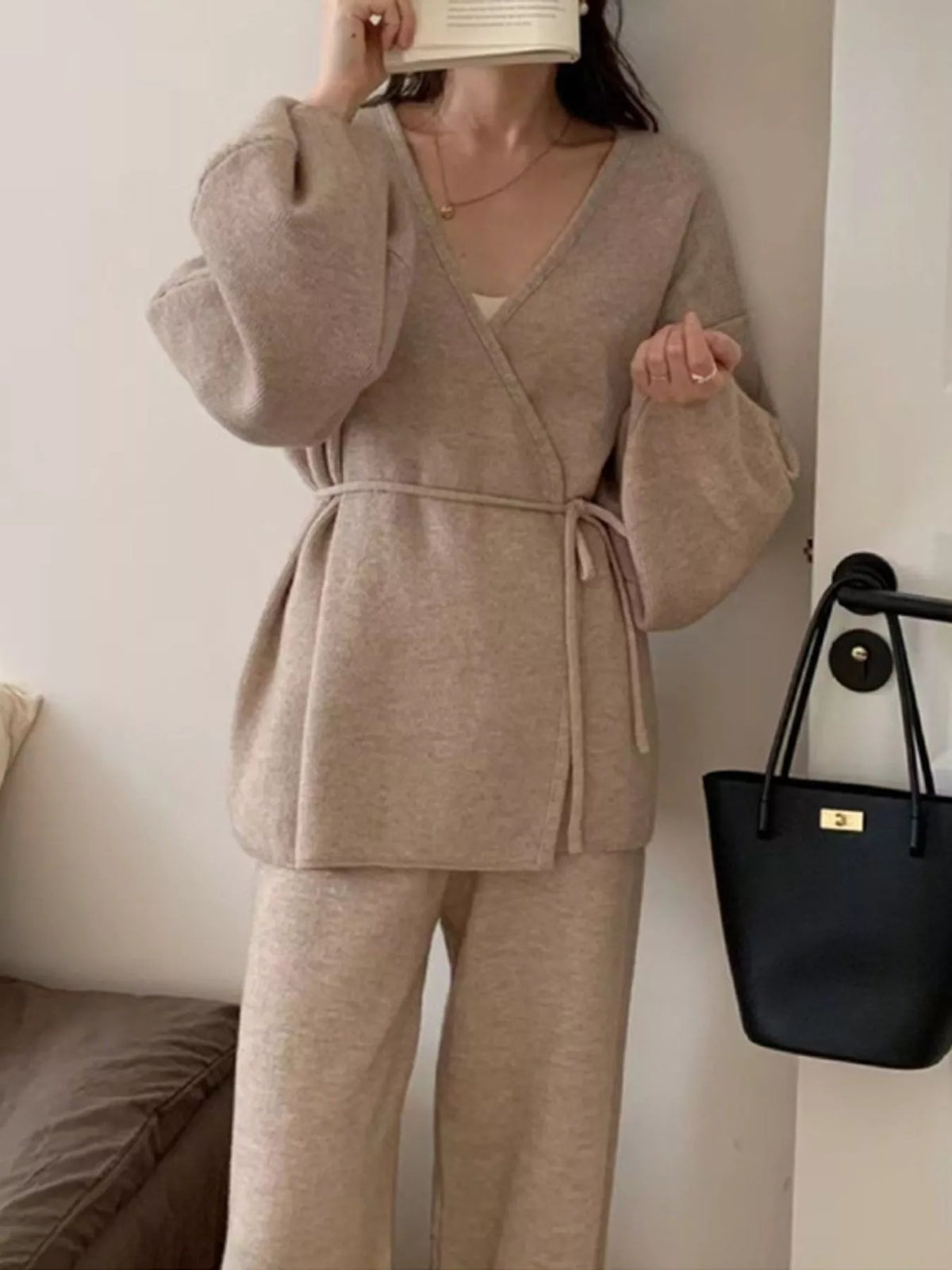 V-Neck Tied Wrap Cardigan and Wide-Leg Pants Sweater Set — front view