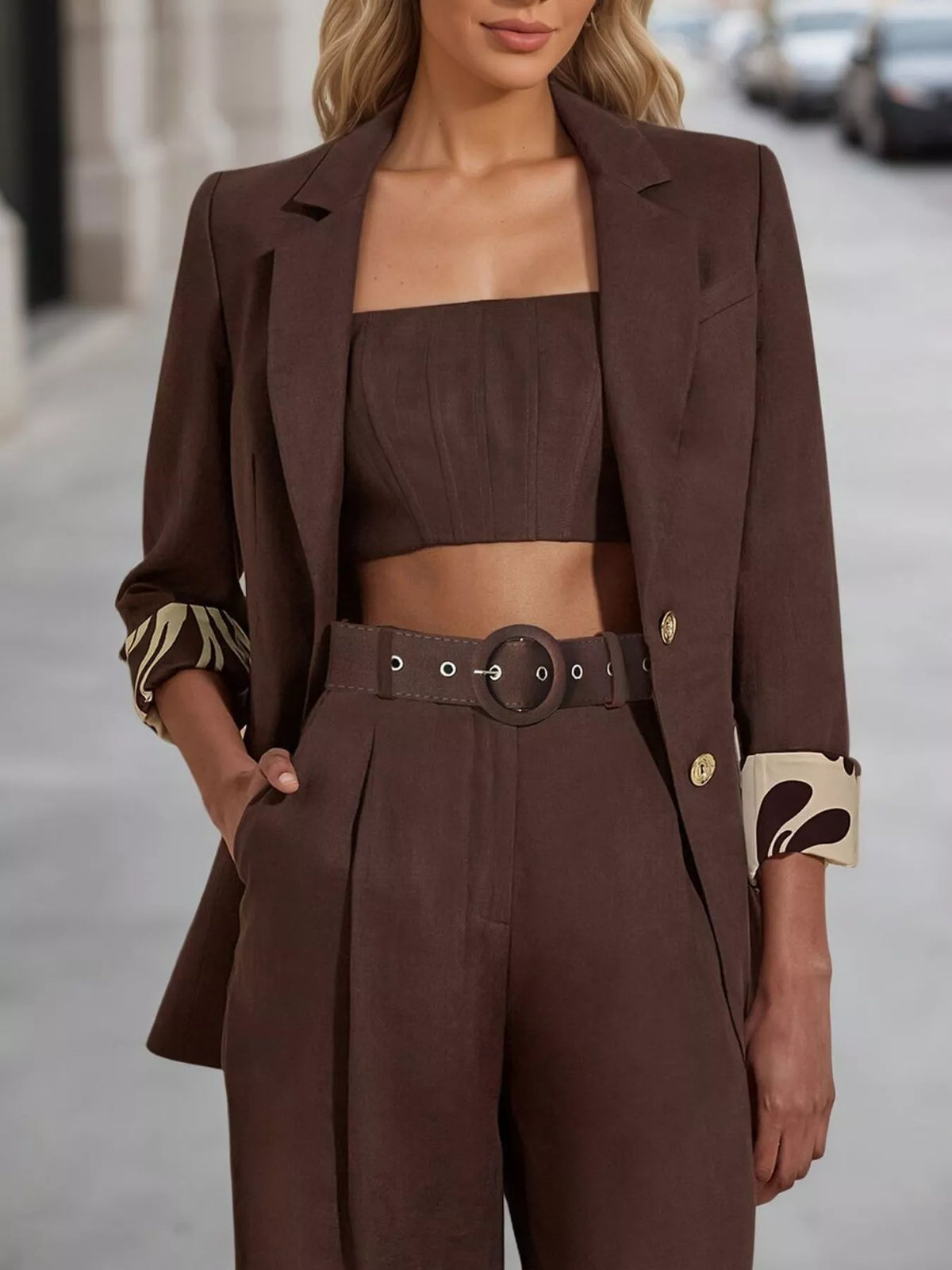 Brown Lapel Collar Blazer and Wide-Leg Pants Set front view