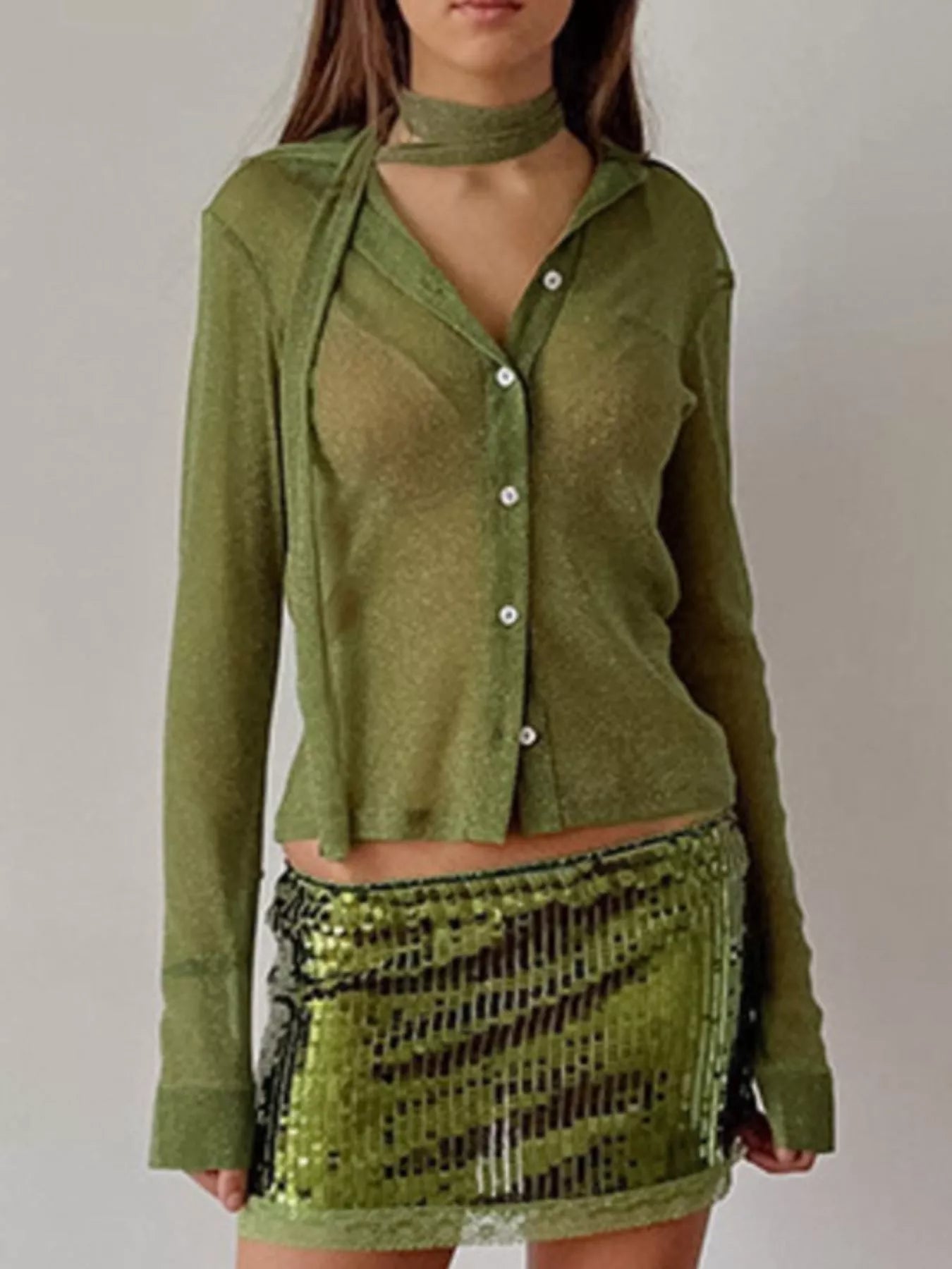 Trendsi Button Down Long Sleeve Shirt with Scarf -