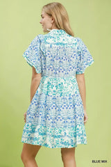 Trendsi Umgee Mixed Floral Tiered Mini Dress with Flutter Sleeves -
