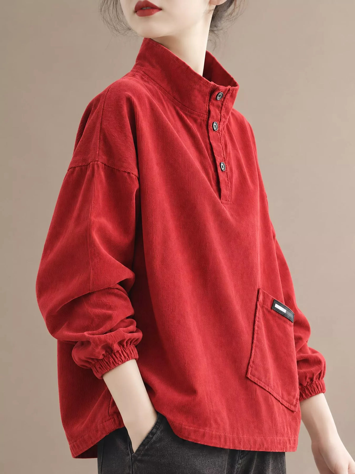 Red-New Arrival-Spring And Fall button detail dropped shoulder sweatshirt