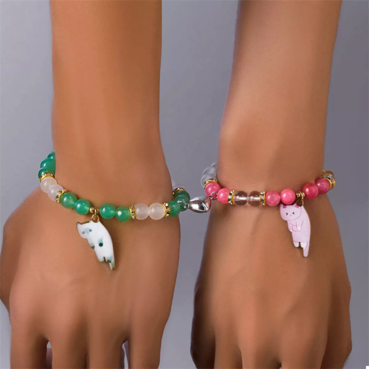 Trendsi 2 Piece Beaded Cat Charm Bracelet -