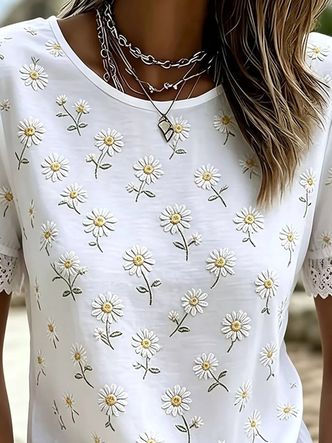 Trendsi Plus Size Daisy Lace Detail Puff Sleeve T-Shirt -