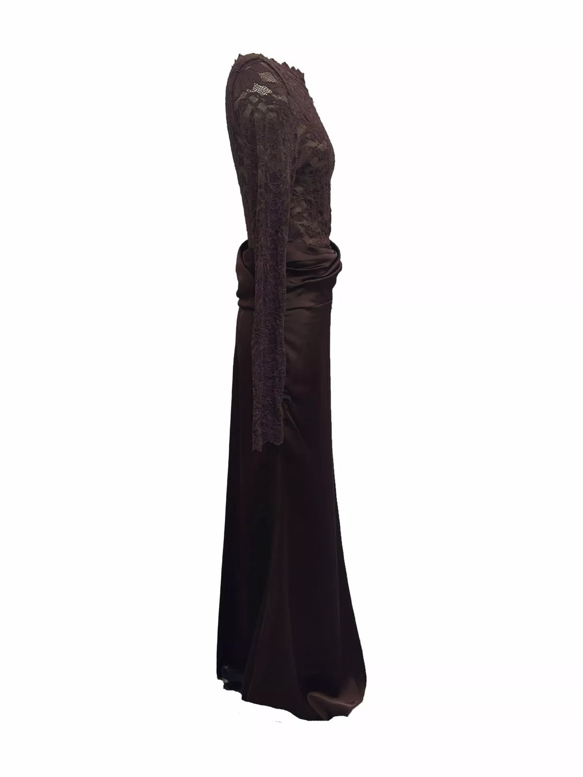Black lace and satin maxi dress, side product view