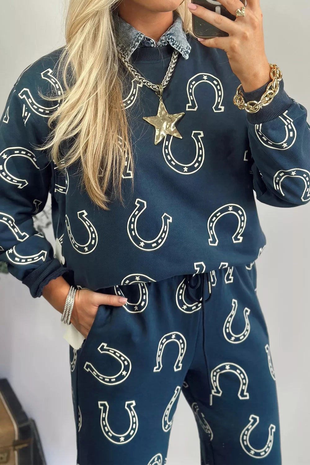Trendsi Lucky Horseshoe Print Sweatshirt and Pants Set -