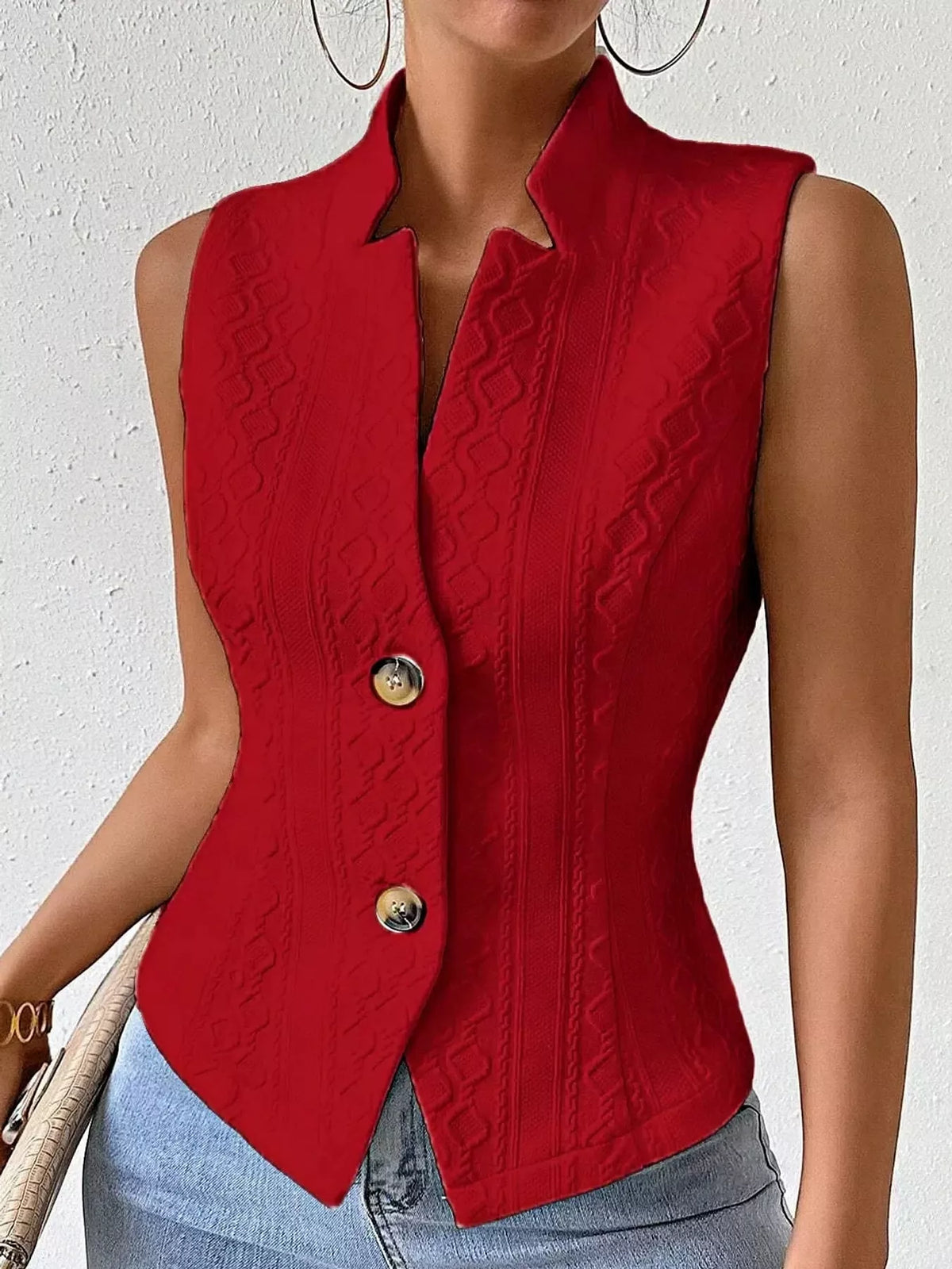 Textured Button-Down Vest in red, front view
