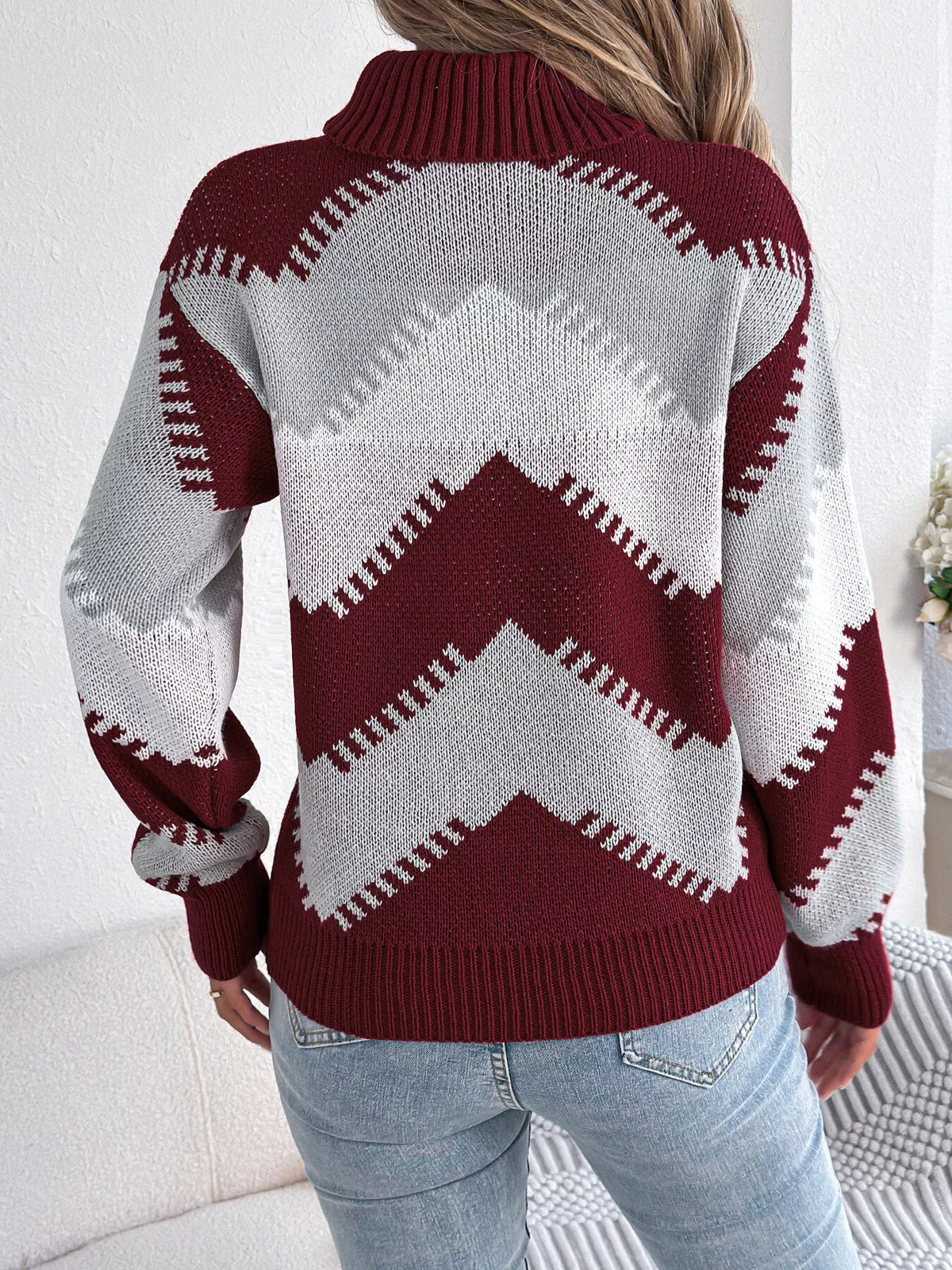 Wine Red chevron pattern turtleneck sweater, back view