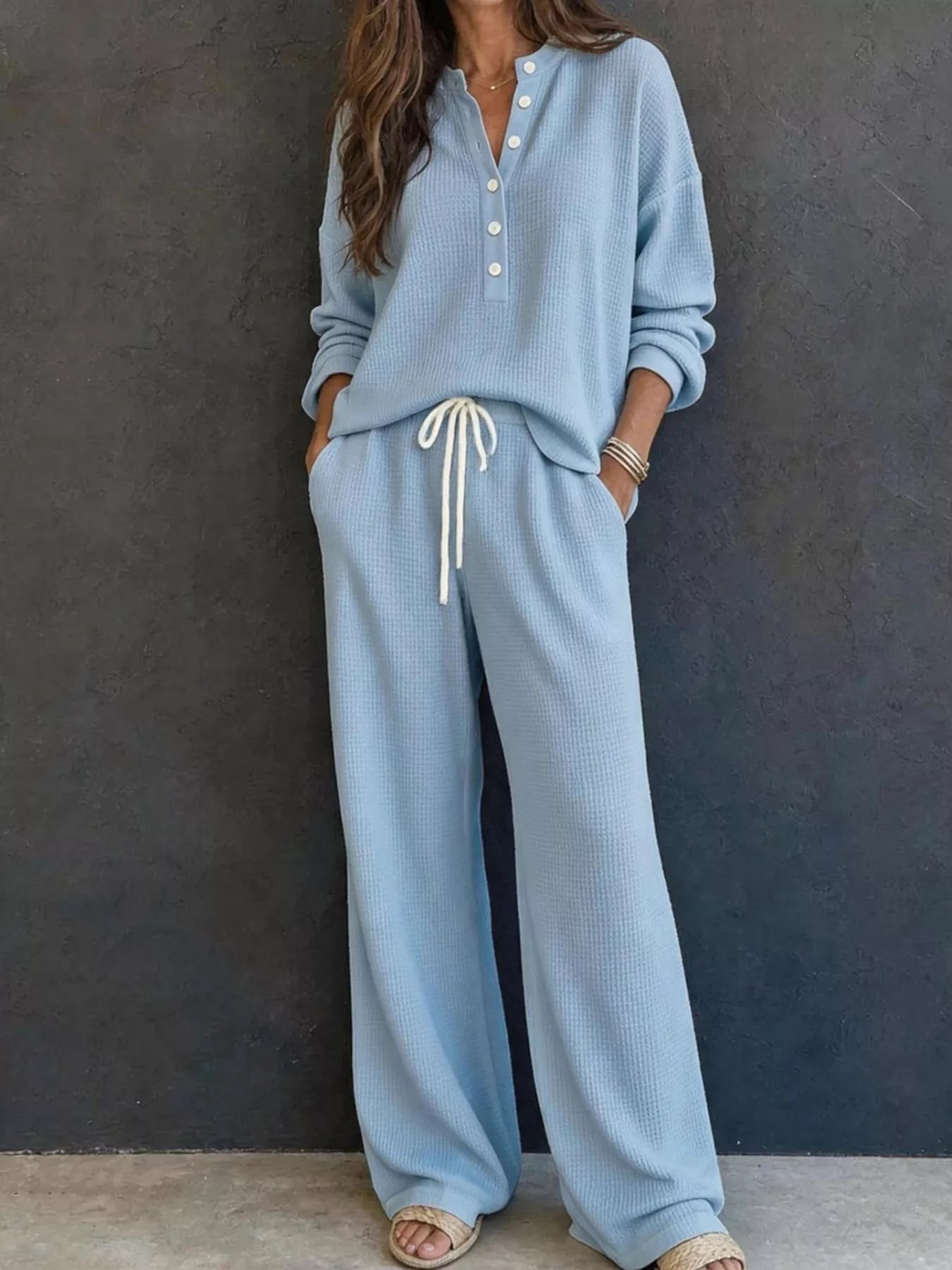 Trendsi Waffle Knit Henley Top and Wide Leg Pants Set -