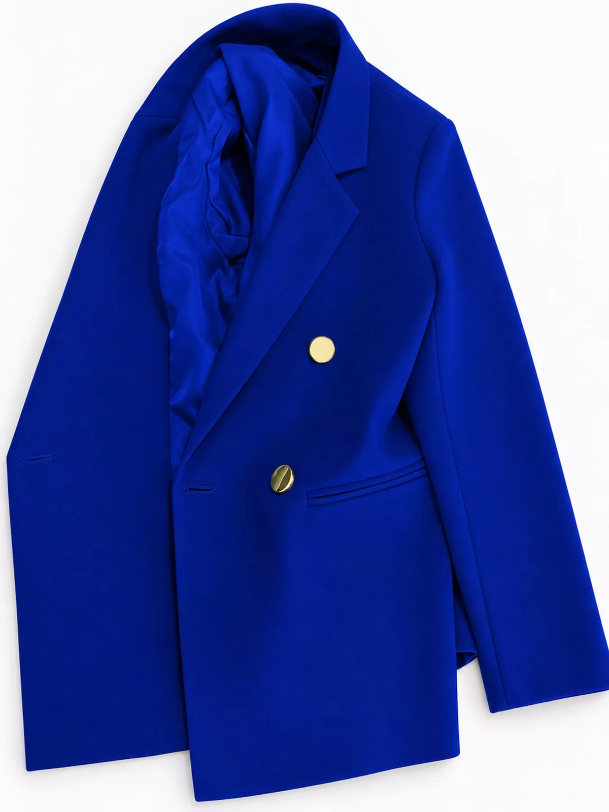 Royal blue double-breasted lapel collar blazer, lapels, gold-tone buttons, welt pocket, and lining