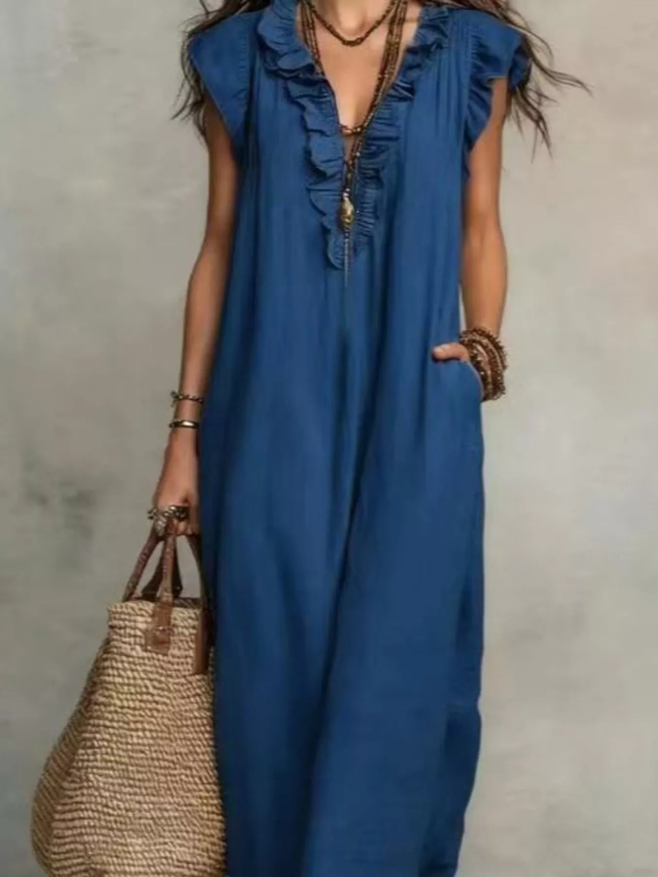 Trendsi Full Size Bohemian Ruffle Neck Maxi Dress Plus Size -