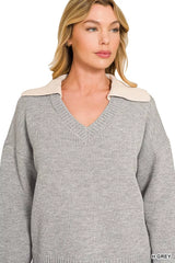 Trendsi Zenana Dual-look Collared V-neck Sweater -