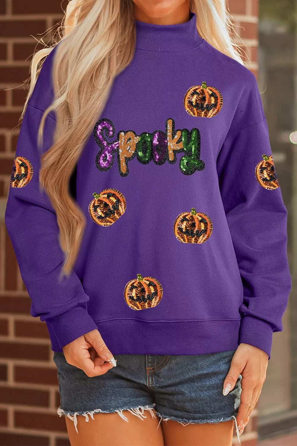Trendsi Sequin Pumpkin Spooky Halloween Sweatshirt -