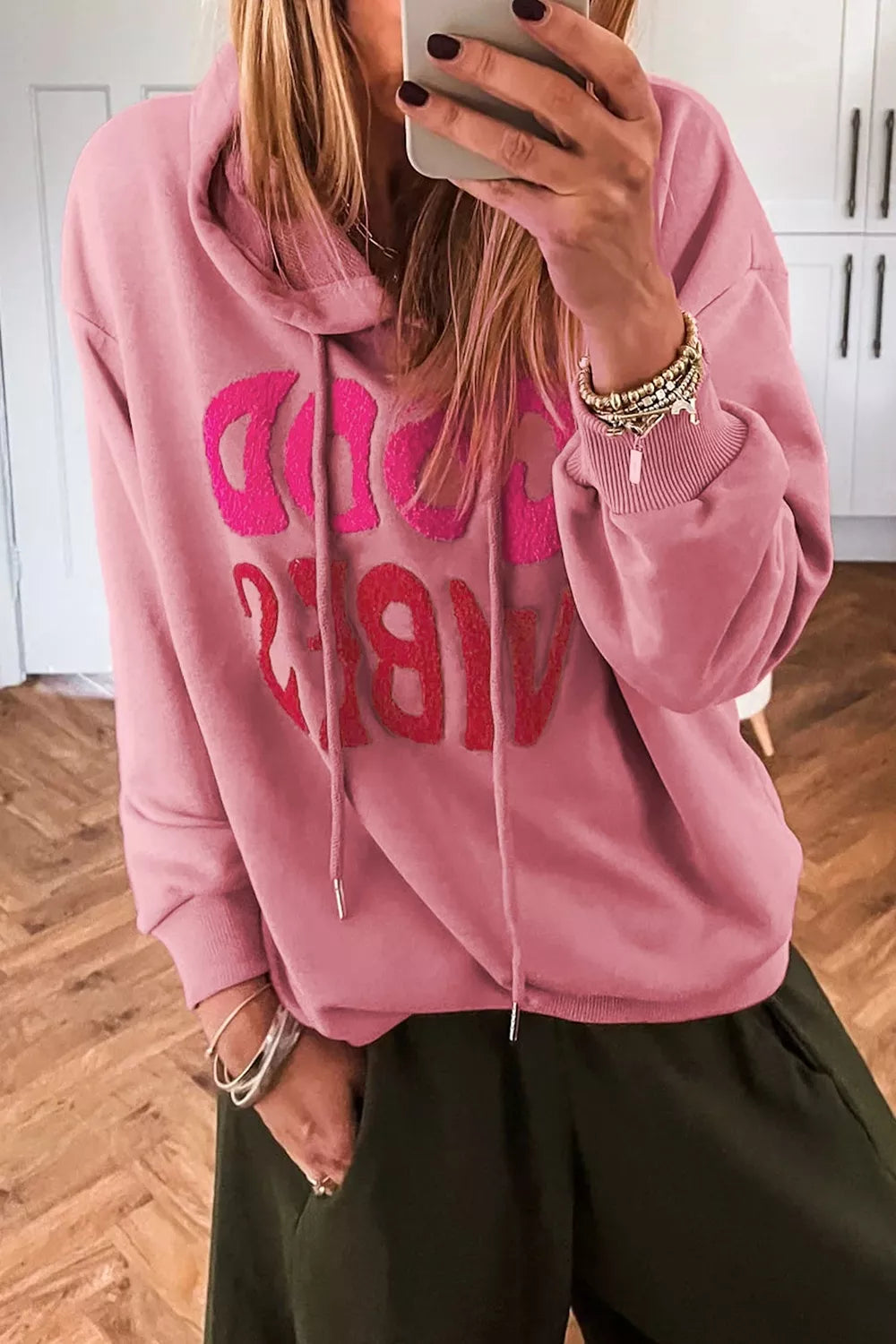 GOOD VIBES Chenille Letter Graphic Hoodie — front view