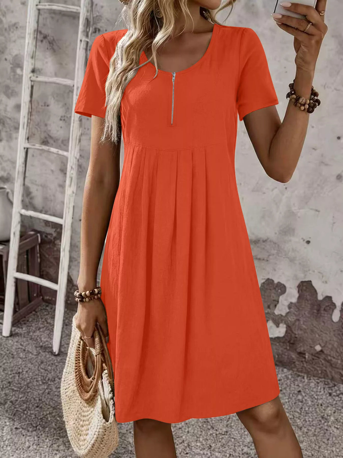 Trendsi Zipper-Front Short Sleeve A-Line Dress -