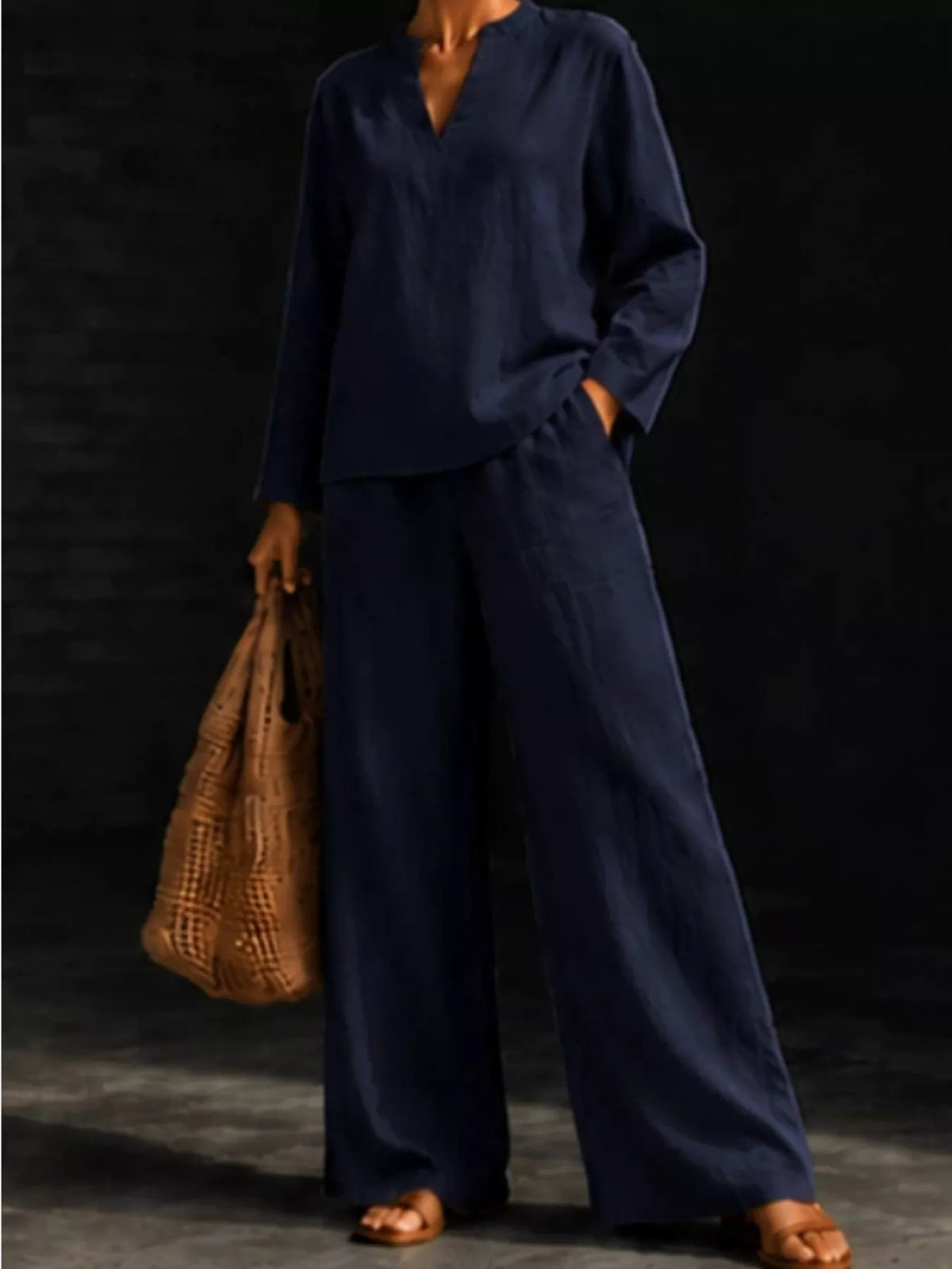 Trendsi Notched Long Sleeve Top and Pants Set -
