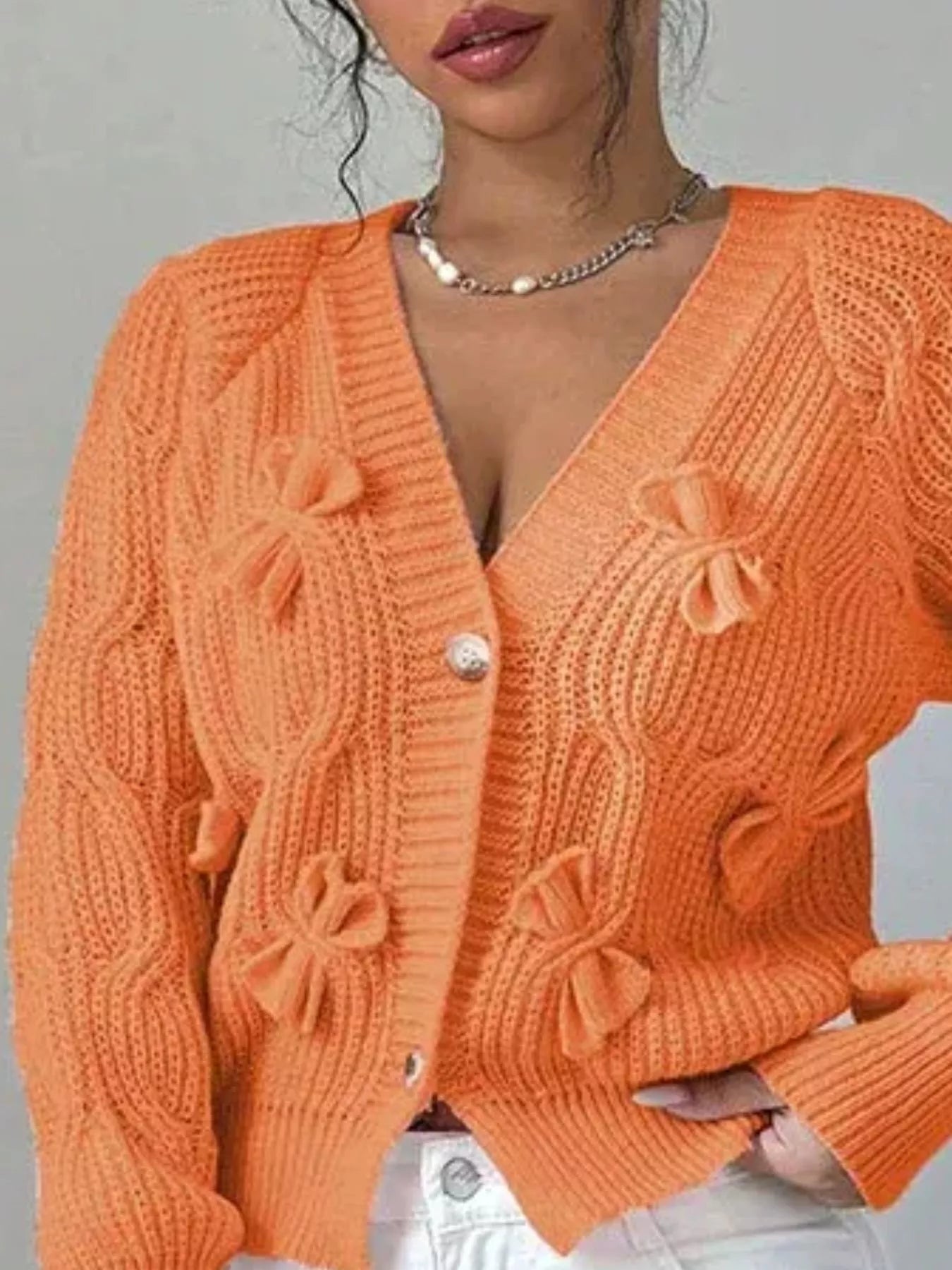 Trendsi Bow Cable Knit V-Neck Cardigan -