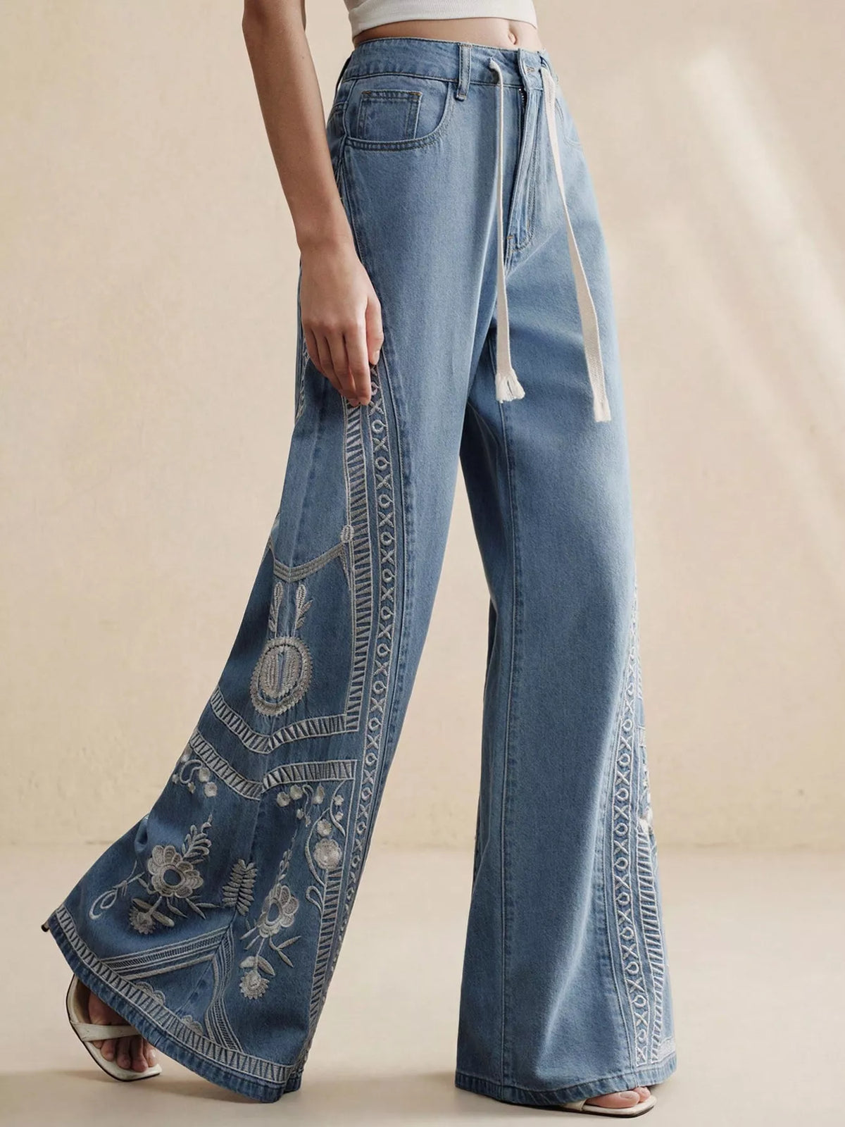 Trendsi Embroidered Wide-Leg Drawstring Jeans -