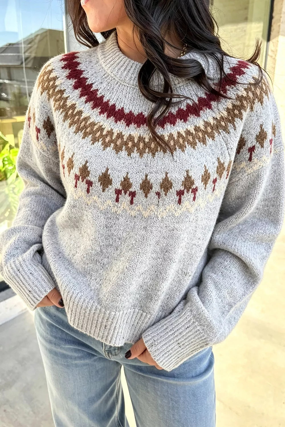 Women's Fair Isle Patterned Crew Neck Sweater in Light Gray, front view
