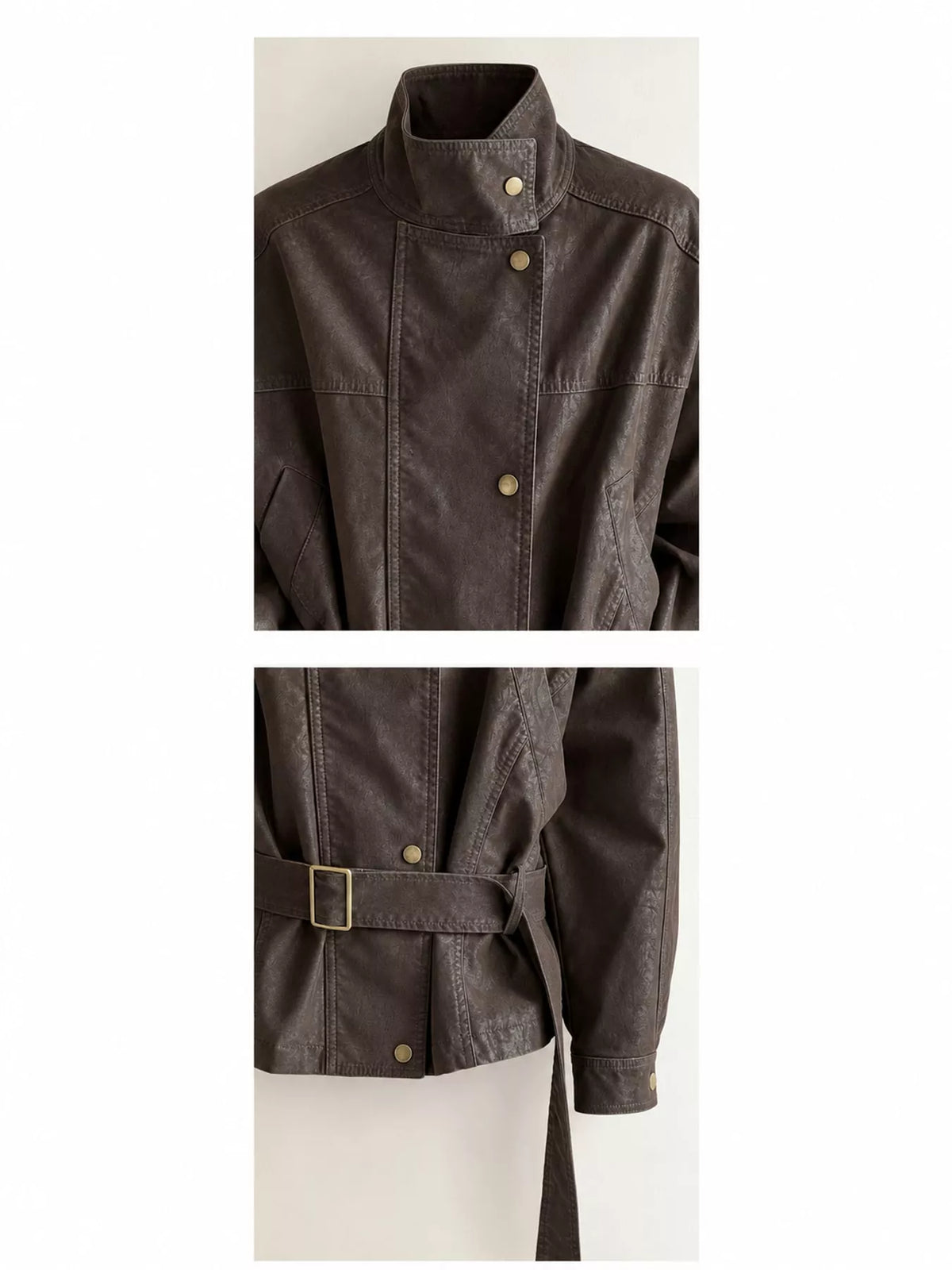Brown snap down long sleeve jacket, detail view