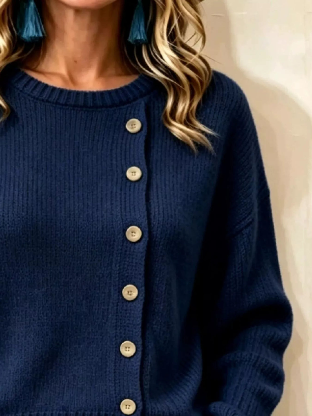 Decorative-button sweater, navy decorative button detail