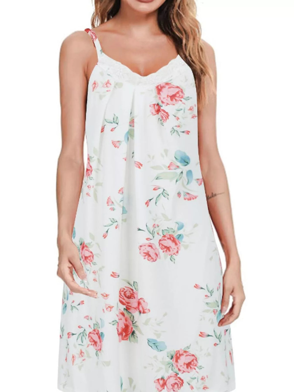 Lace Detail Spaghetti Strap Lounge Dress — front view