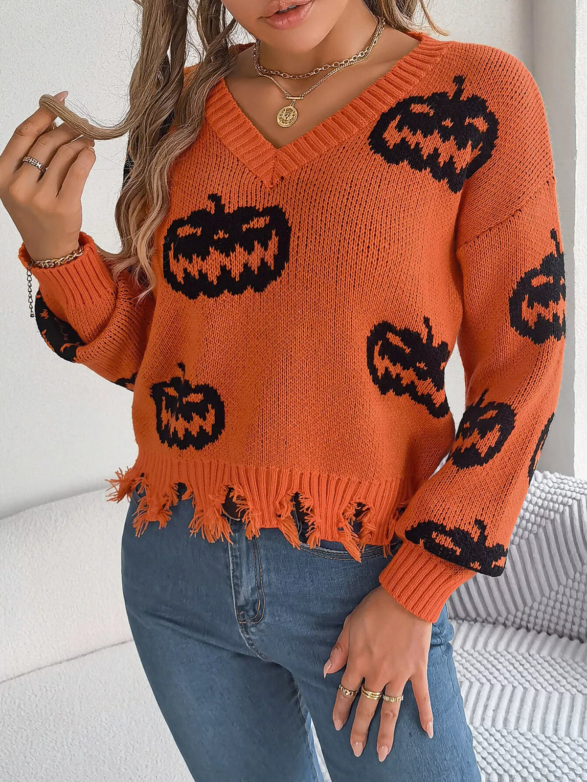 Pumpkin Distressed Hem Sweater in orange, front view