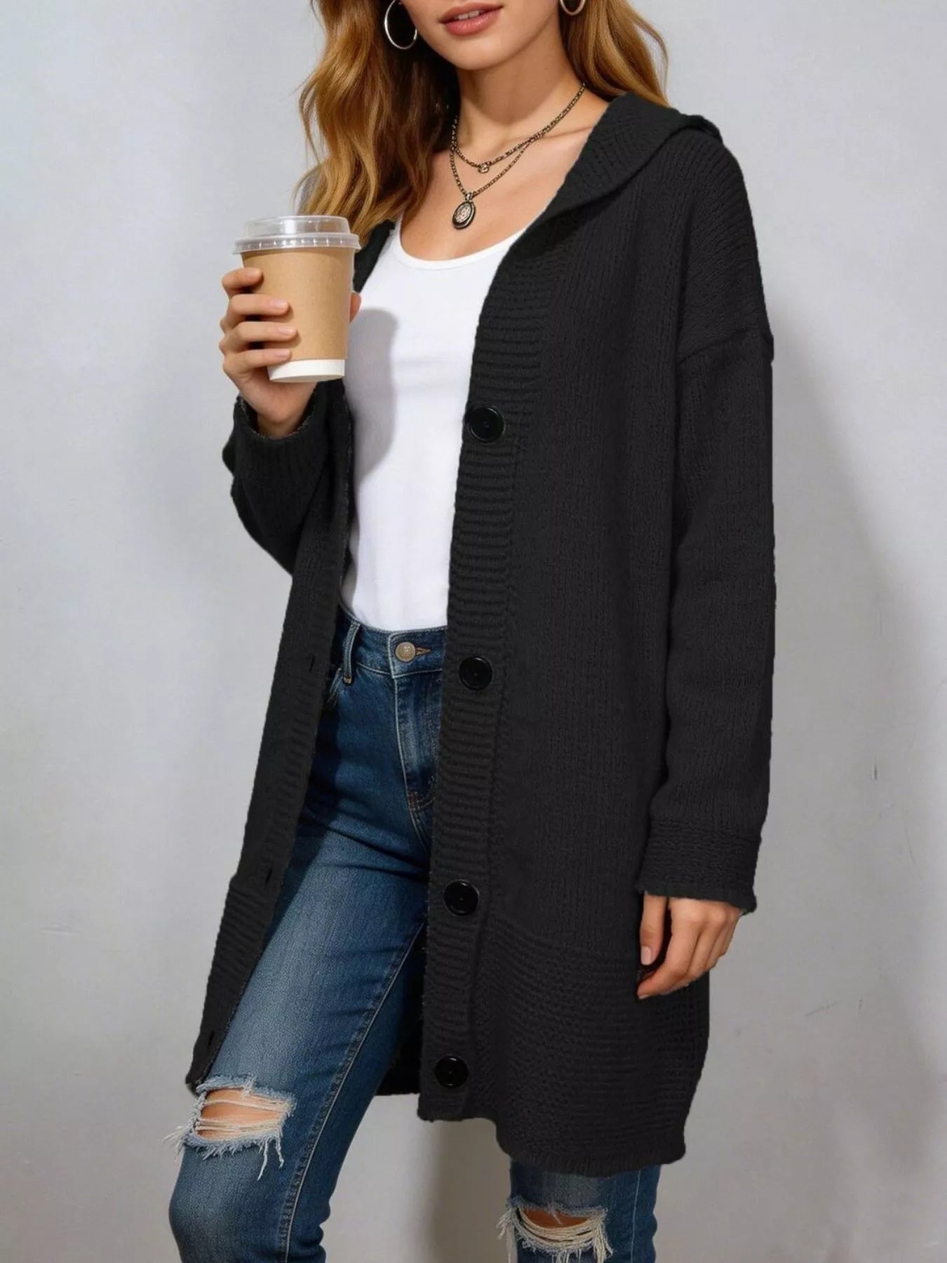 Trendsi Full Size Casual Hooded Button-Down Knit Cardigan Plus Size -