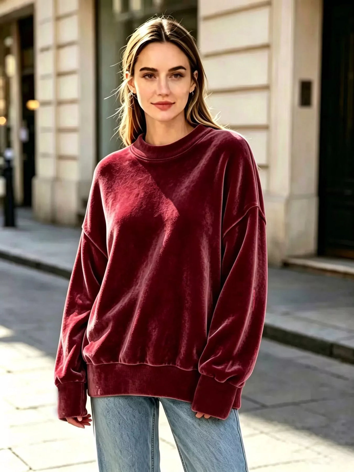 Women's Velvet Crew Neck Dropped Shoulder Sweatshirt in burgundy — front view