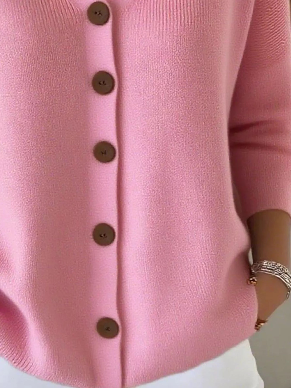 Women's V-Neck Button-Down Knit Cardigan in pink — button detail view